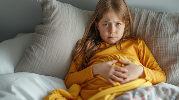 Bambino a letto con mal di stomaco ragazza caucasica con le mani sulla pancia concetto di disturbo della salute il bambino ha un dolore