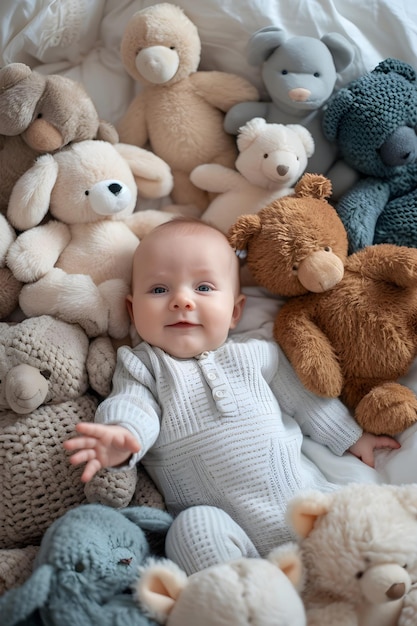 bambino a letto seduto tra gli orsacchiotti