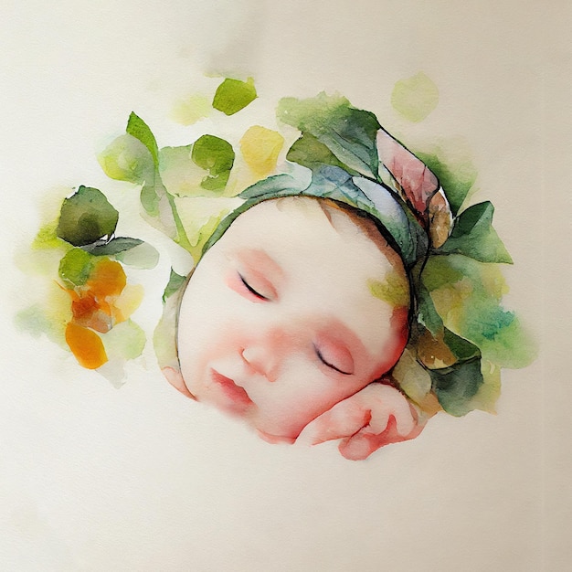 Bambino addormentato con fiori. Acquerello di un adorabile neonato. Illustrazione per nascita, celebrazione