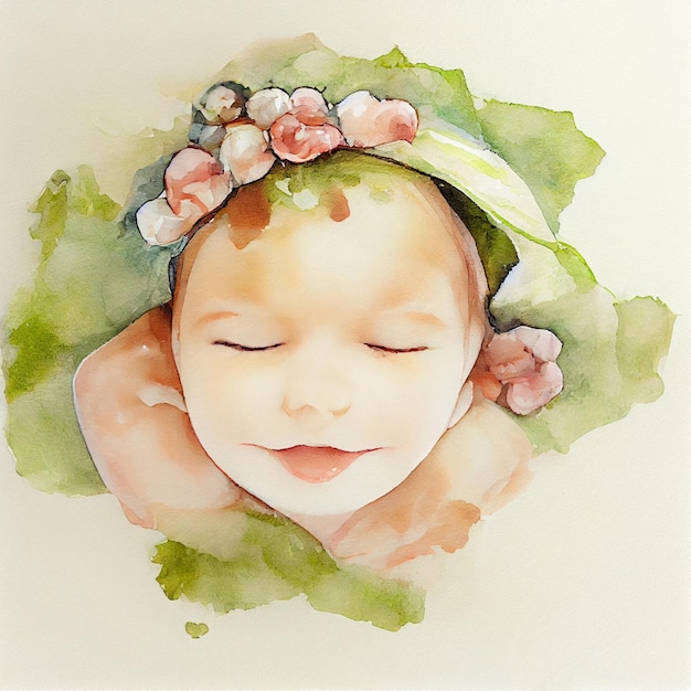 Bambino addormentato con fiori. Acquerello di un adorabile neonato. Illustrazione per nascita, celebrazione