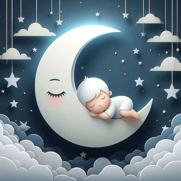Bambino addormentato con illustrazione della luna Sfondo poster artistico in carta Ai generativa