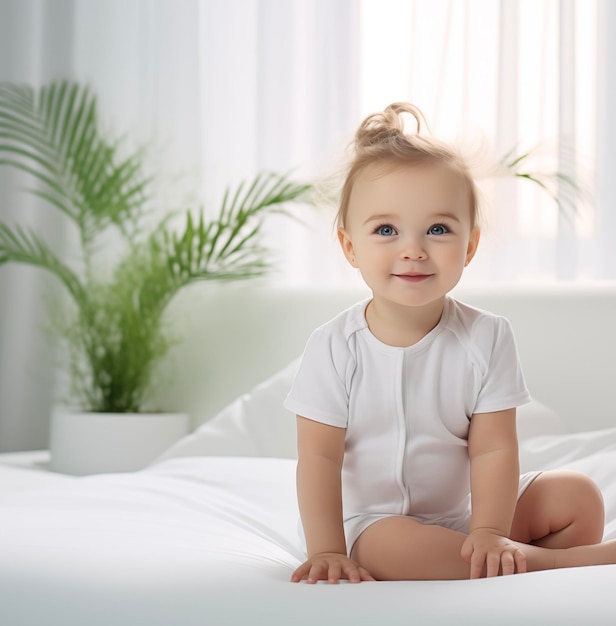 Bambino adorabile a letto Bambino sorridente a casa Giornata dei bambini