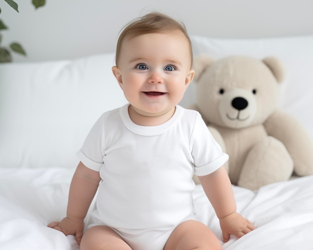 Bambino adorabile a letto Bambino sorridente a casa Giornata dei bambini