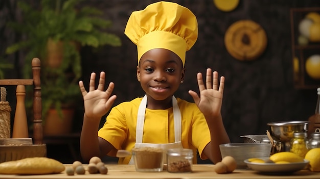 Bambino africano che indossa grembiule giallo con grembiule da cucina