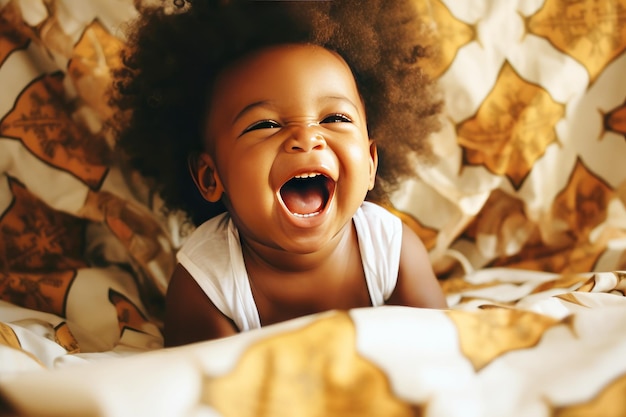 Bambino africano che ride sul letto