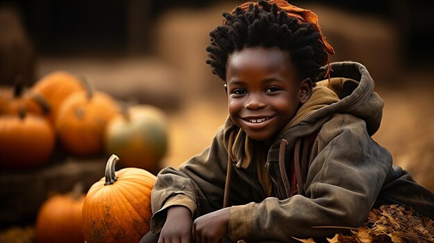 Bambino africano con una zucca per Halloween