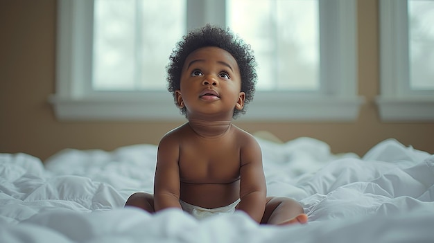 Bambino afroamericano a letto con un sorriso carino