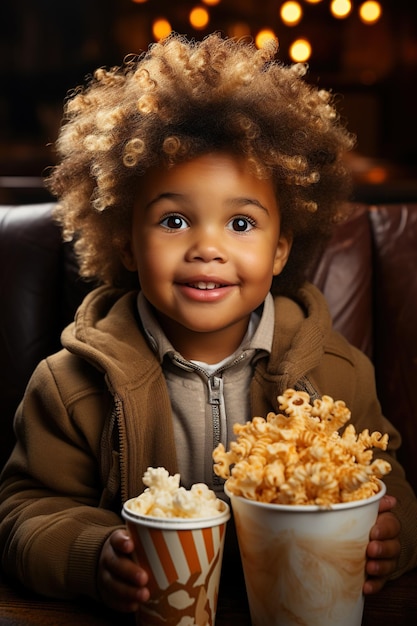 Bambino afroamericano divertente e ridicolo che mangia popcorn al caramello
