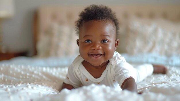 Bambino afroamericano in tuta che striscia sul letto