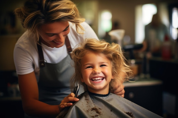 Bambino al parrucchiere che si taglia i capelli