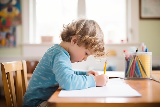 Bambino alla scrivania che si esercita a scrivere a mano in un quaderno rivestito