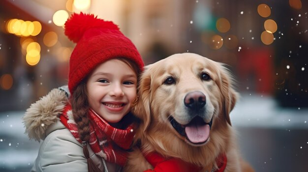 Bambino allegro con un cane golden retriever che si diverte all'aperto durante le vacanze di Natale