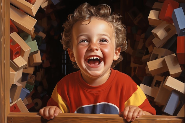 Bambino allegro e felice che gioca con gioia con mattoni dai colori vivaci