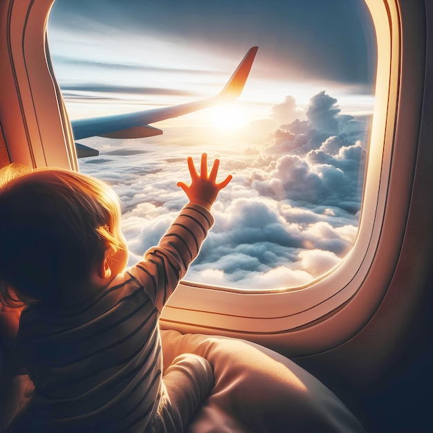 bambino allunga la mano verso il cielo significando curiosità e meraviglia durante il volo in aereo con le nuvole