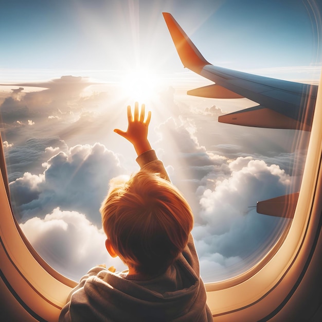 bambino allunga la mano verso il cielo significando curiosità e meraviglia durante il volo in aereo con le nuvole