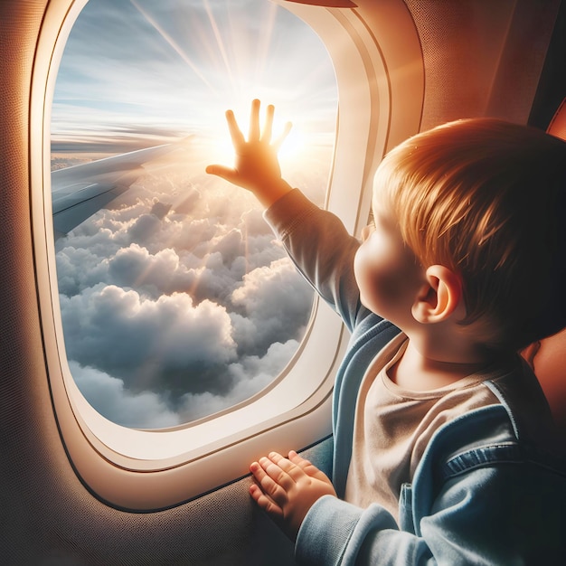 bambino allunga la mano verso il cielo significando curiosità e meraviglia durante il volo in aereo con le nuvole