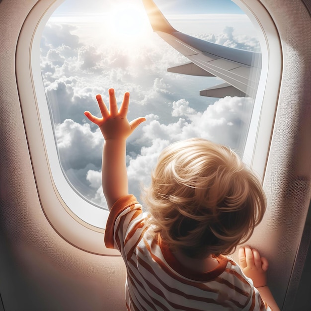 bambino allunga la mano verso il cielo significando curiosità e meraviglia durante il volo in aereo con le nuvole