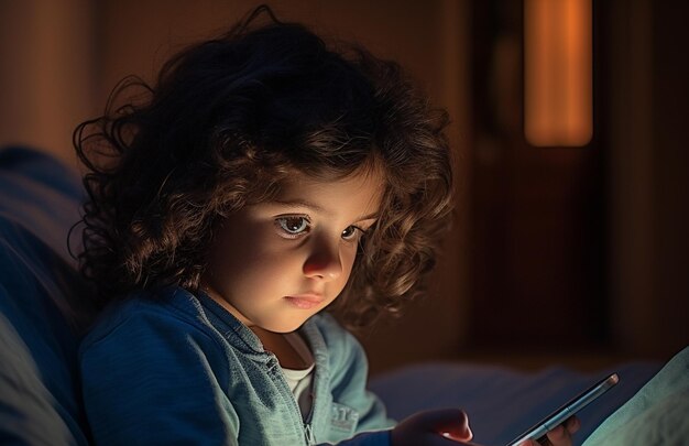 Bambino Alpha di nuova generazione che usa lo smartphone a letto Bambino nativo digitale Gen Alpha da solo con il telefono