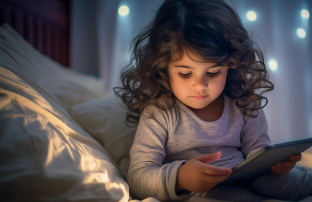 Bambino Alpha di nuova generazione che usa lo smartphone a letto Bambino nativo digitale Gen Alpha da solo con il telefono