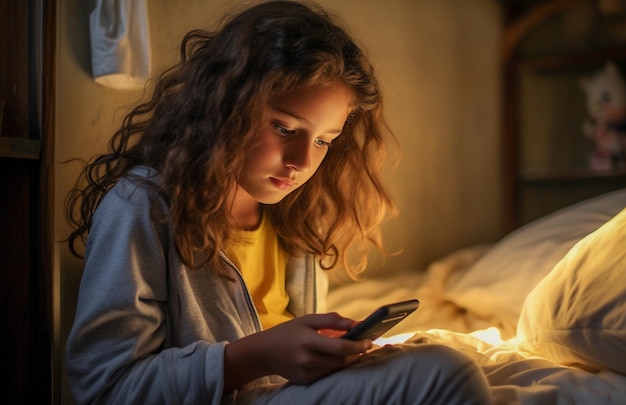 Bambino Alpha di nuova generazione che usa lo smartphone a letto Bambino nativo digitale Gen Alpha da solo con il telefono