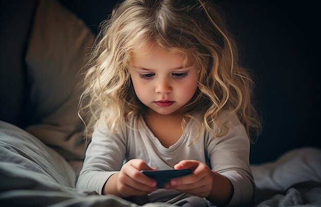 Bambino Alpha di nuova generazione che usa lo smartphone a letto Bambino nativo digitale Gen Alpha da solo con il telefono