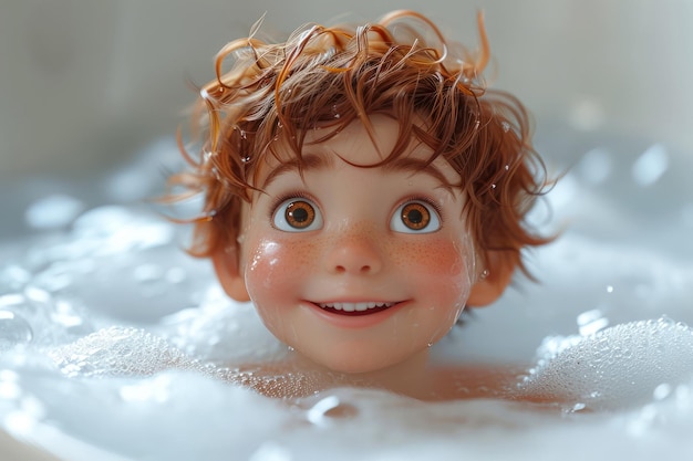 Bambino animato allegro che fa il bagno in una vasca da bagno con schiuma in primo piano generativo AI