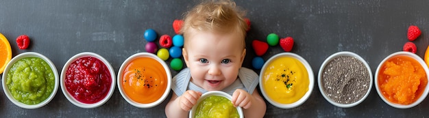 Bambino appoggiato su una ciotola piena di cibo di colore diverso