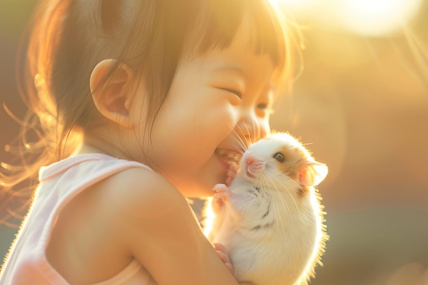 Bambino asiatico felice che abbraccia un criceto al tramonto sullo sfondo