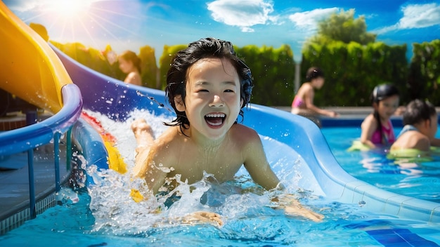 Bambino asiatico felice che gioca a slider in piscina