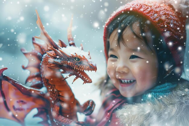 Bambino asiatico sorridente con un carino drago fate sullo sfondo invernale di neve