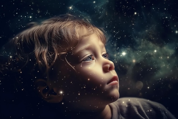 Bambino assonnato bambino in sogno di notte sogna lo spazio con le stelle Illustrazione dell'IA generativa