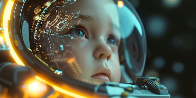 Bambino astronauta futuristico che guarda nello spazio concetti di IA in stile realistico immaginando le possibilità dell'AI del cosmo