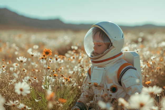 Bambino astronauta seduto in un campo di fiori in un mondo distopico