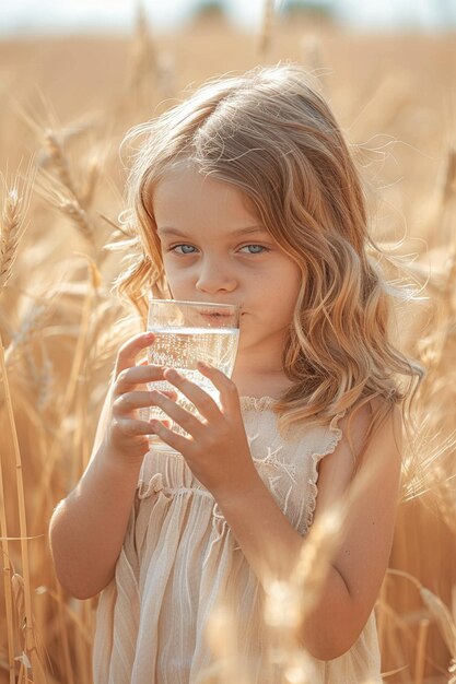 bambino beve acqua sullo sfondo di un campo di grano obiettivo selettivo generativo Ai