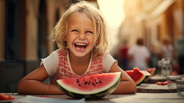 bambino biondo felice che ride felicemente sulla terrazza estiva della maglietta bianca mangiando una fetta di anguria