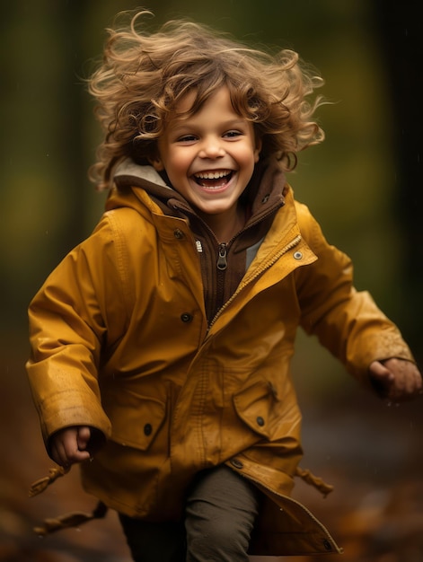 Bambino brasiliano in una postura dinamica e emozionale giocosa sullo sfondo autunnale