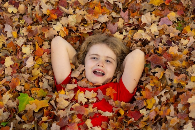 Bambino caduto in autunno lascia il bambino giace in autunno lascia in autunno parco