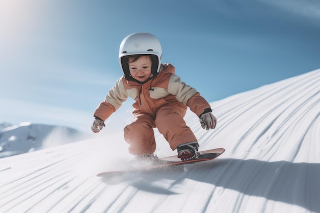 Bambino carino che fa snowboard lungo il pendio