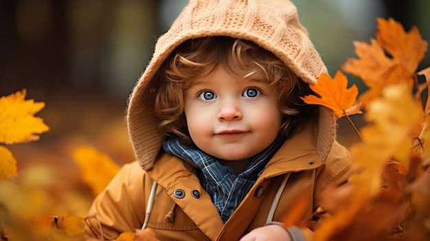 bambino carino che gioca all'aperto in autunno circondato da colori