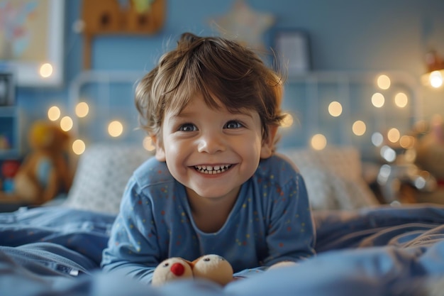 Bambino carino che gioca con i giocattoli che si diverte e ride nella sua stanza mentre ride