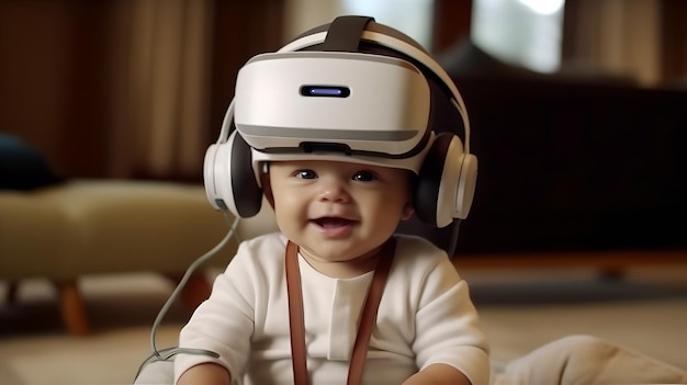 Bambino carino che indossa cuffie VR e si diverte con l'intrattenimento in realtà virtuale per i bambini