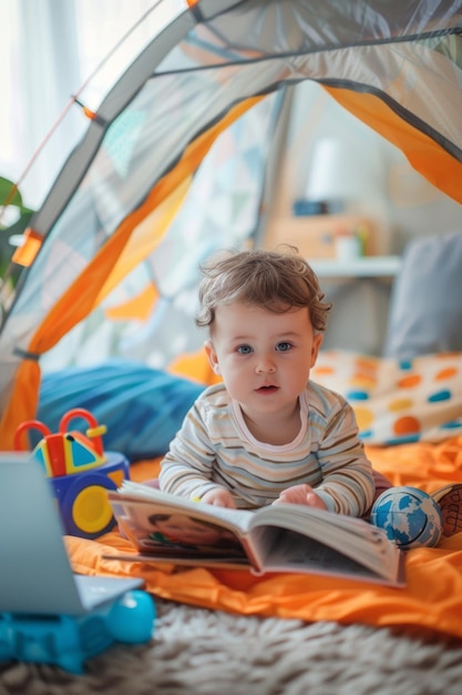 Bambino carino che legge una piccola storia circondato da dei giocattoli dentro la tenda mentre sua madre lavora con il portatile concetto di infanzia