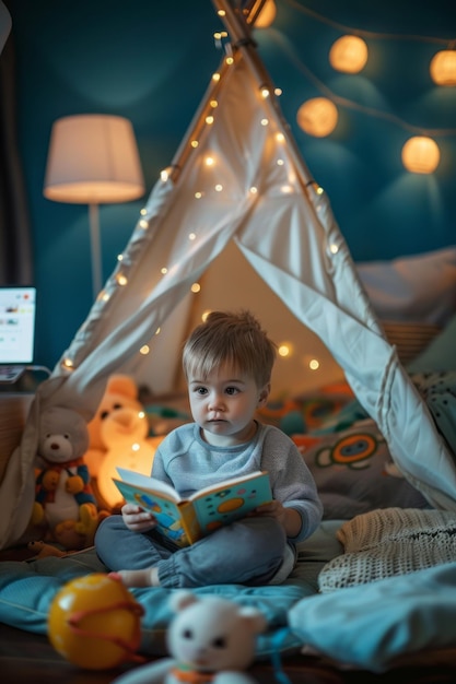 Bambino carino che legge una piccola storia circondato da dei giocattoli dentro la tenda mentre sua madre lavora con il portatile concetto di infanzia