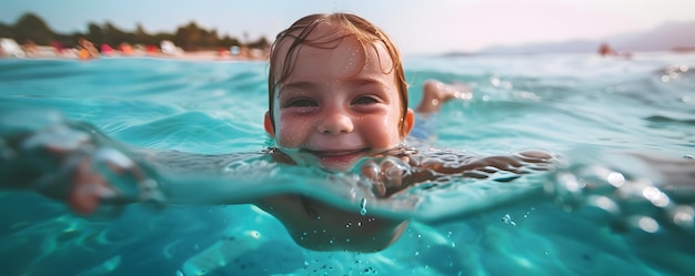 Bambino carino che nuota in mare
