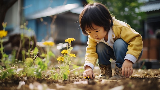 Bambino carino che pianta alberi nel giardino