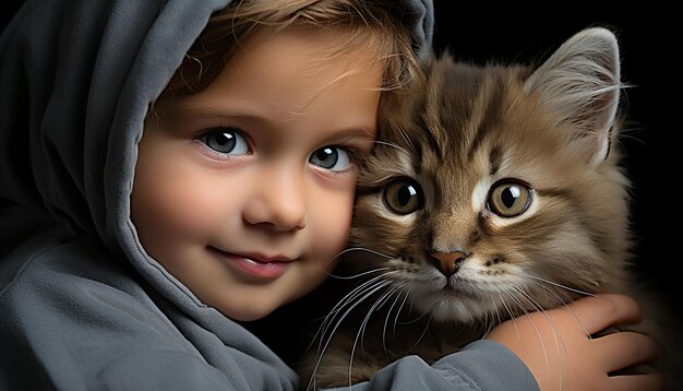 Bambino carino che sorride abbracciando un piccolo gattino pura felicità e amore generati dall'AI