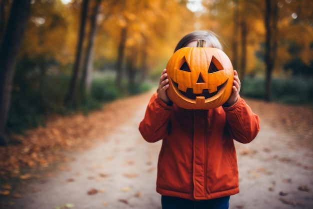 Bambino carino che tiene una zucca di Halloween sul viso costume di Halloween