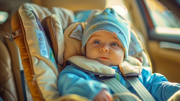 Bambino carino con cappello blu seduto in sicurezza nel sedile dell'auto durante il trasporto di bambini