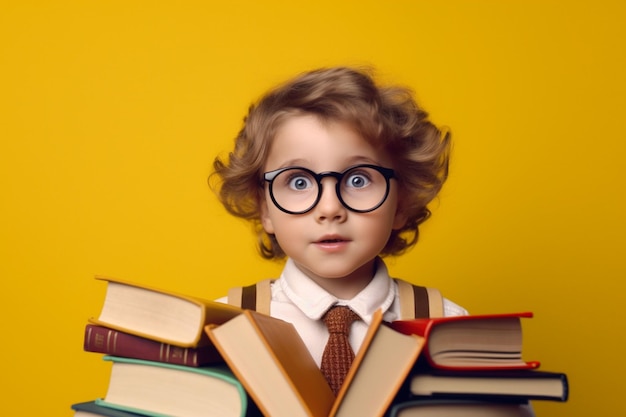 Bambino carino con gli occhiali che tiene i libri pronti per tornare a scuola su sfondo giallo