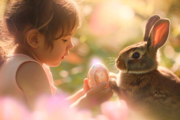 Bambino carino con un coniglietto che tiene le uova di Pasqua con l'immagine di Gesù in fioritura nel prato a caccia di uova